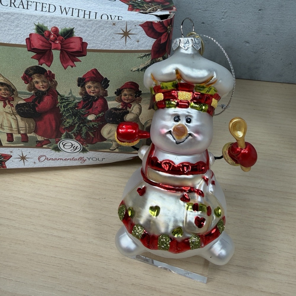 Ornamentally You Cheerful Holiday Snowman Chef Glass Christmas Ornament